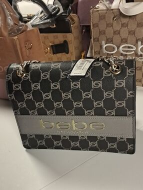 bebe Black and Gray Monogram Chain Shoulder Bag